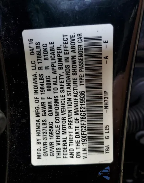 2016 Honda Civic Ex from USA, damaged, VIN 19XFC2F76GE219936